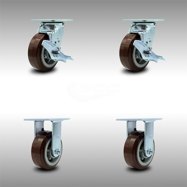 5 Inch SS Polyurethane Caster Set with Roller Bearings 2 Brakes 2 Rigid SCC